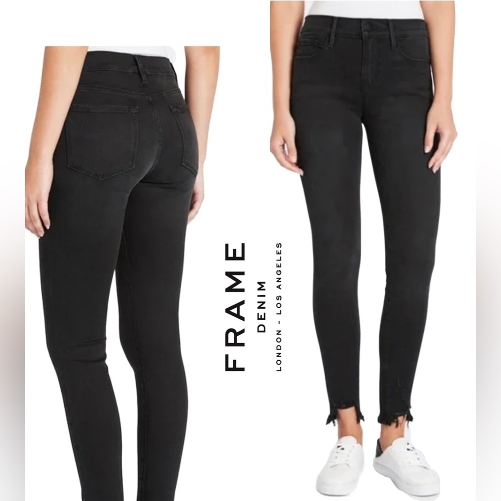 FRAME Le Skinny Jeanne Jeans Black Chewed Hem Size 28